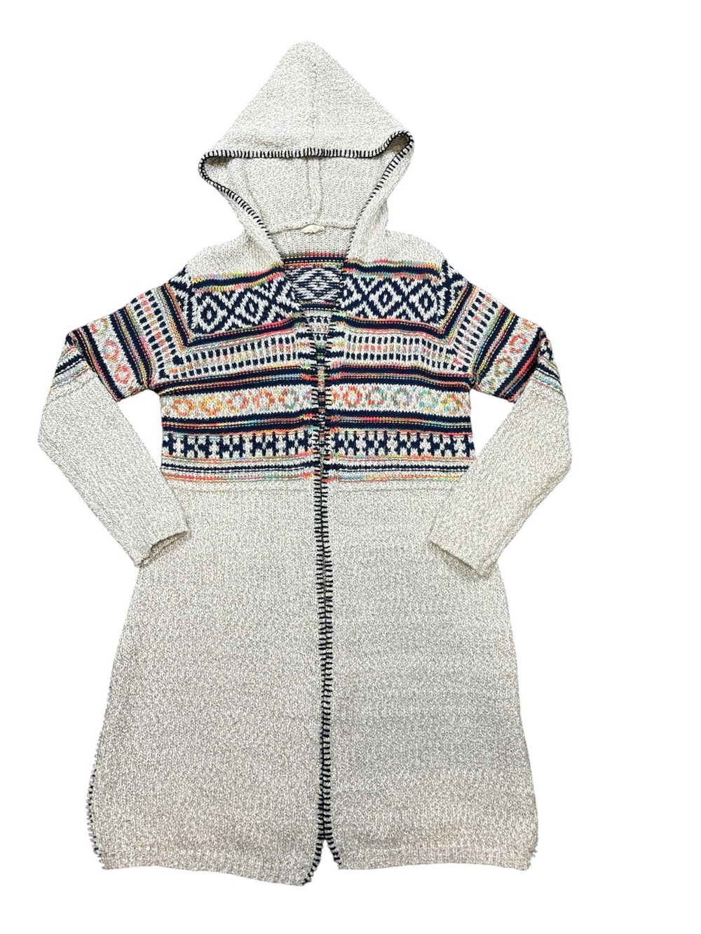 Hem & Thread Hooded Fair Isle Longline Cardigan Sweater SzL